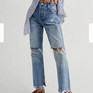 Free People Destructed Tapered Baggy Boyfriend Denim in mid century blue